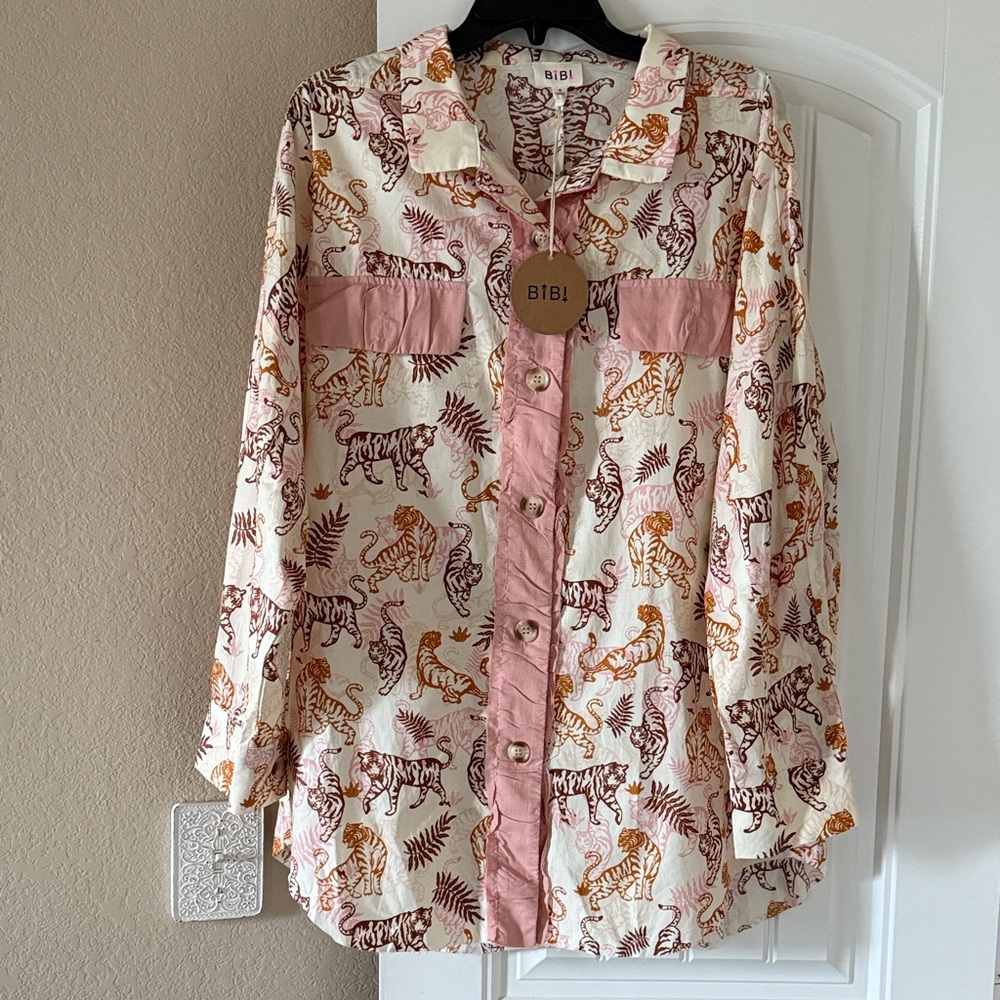 BiBi Cream and Pink Tiger Print Blouse